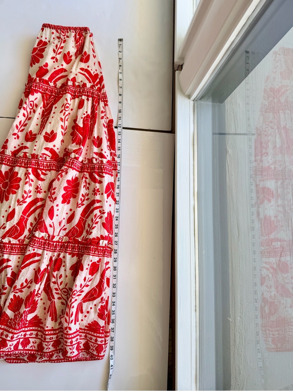 Farm Rio Red & Cream Floral Tiered Maxi Skirt XS Beaded Tassels - Picture 5 of 9